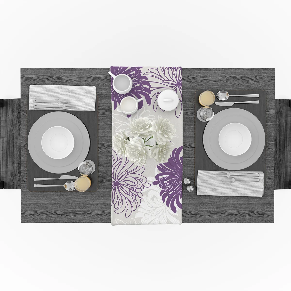 Фиолетовая белая скатерть с хризантемами настольная дорожка флагом украшения