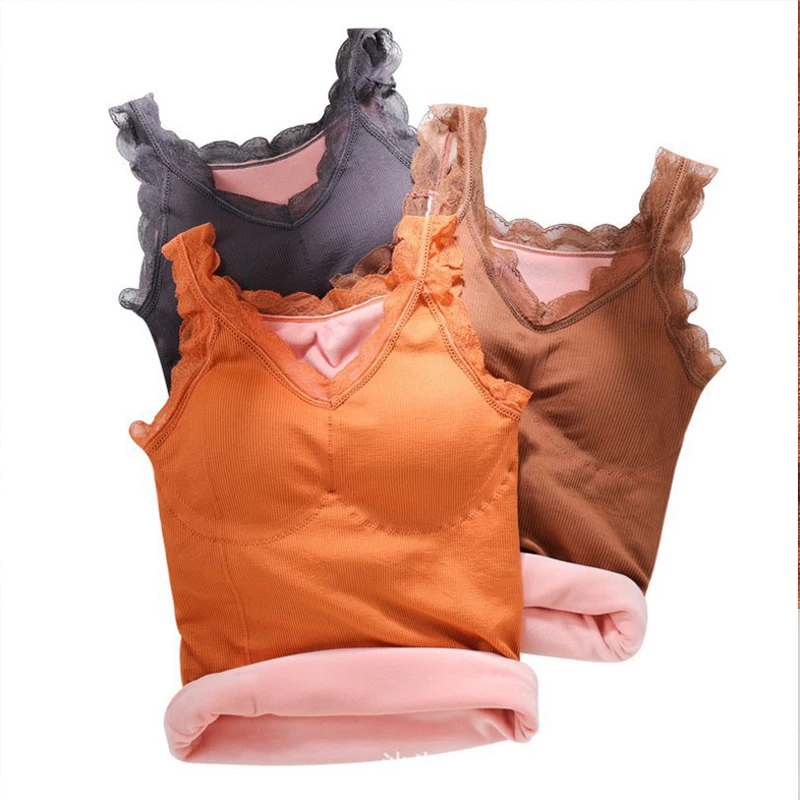 

JIAYAN Winter Lace Top Woman Warm Camisole Vest Undershirt Women Solid Velvet Crop Top Bralette Underwear Top Selling