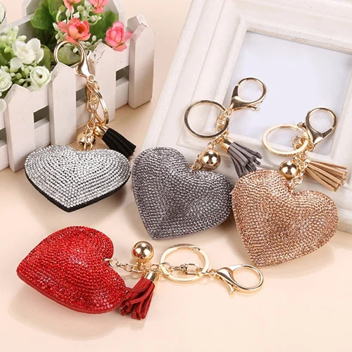 

Romantic Dazzling Rhinestone Love Heart Charm Pendant Fringe Keychain Keyring Tassel Keychain Bag Pendant Keychain Gift Hot