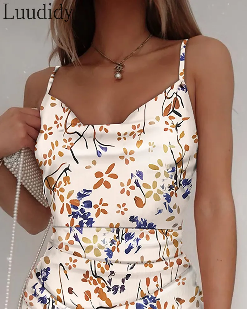 

Summer Women Floral Print Spaghetti Strap Slim Ruched Drawstring Sleeveless Mini Dress
