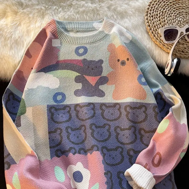 

Japan Style Kawaii Clothes Cartoon Little Bear Print Women's Sweater O-Neck Loose Winter Woman Jerseys Korean Fashion Clothing