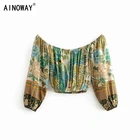 Винтажная шикарная женская блузка с открытыми плечами и зеленым цветочным принтом в стиле бохо, рубашки, Женская пляжная блузка с длинным рукавом в богемном стиле