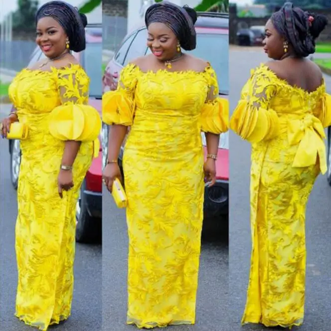 Vestidos de Fiesta largos nigerianos de talla grande, amarillos, con mangas abullonadas, con Apliques de encaje y lazo