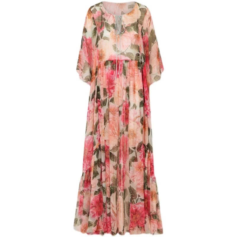 

2021 Runway Maxi Long Summer Chiffon Maxi Dresses Red Floral Print Vintage Party Dresses Elegant Casual Robes Talla Grande S7390