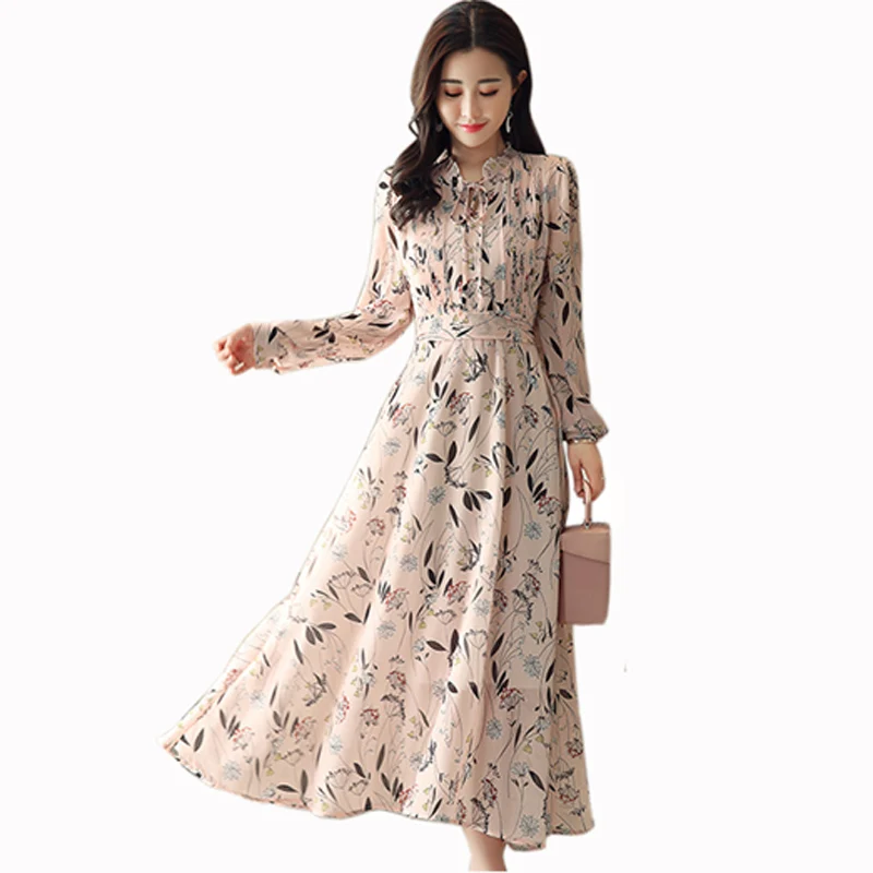 

Spring Floral Chiffon long dress women fashion Casual Breathable A-Line dress summer temperament V-Neck Lantern Sleeve dress