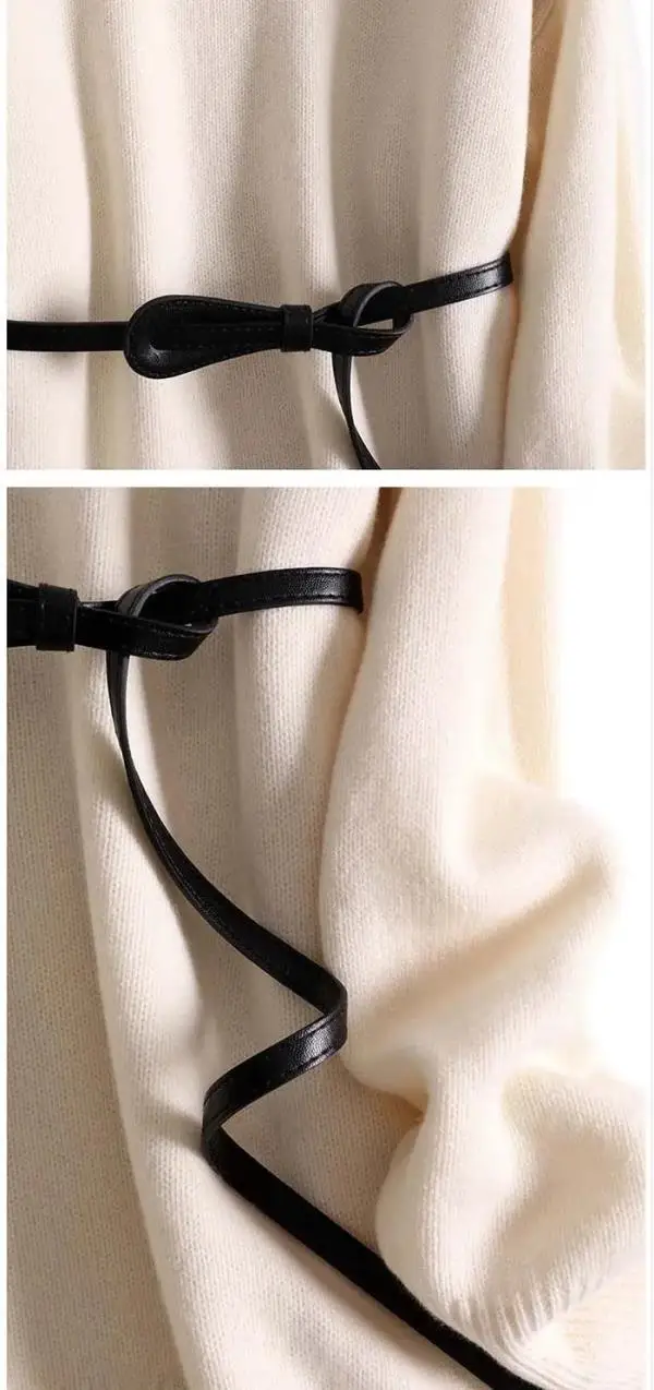

High Quality Autumn Sweater Dress Women Winter Thick Warm Turtleneck Knitted Dress with Belt Loose White Black Bottom Knitwear