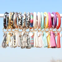 pu leather bracelet keychain for women fashion floral leopard wristlet keychain multicolor car tassel charms accessories gift