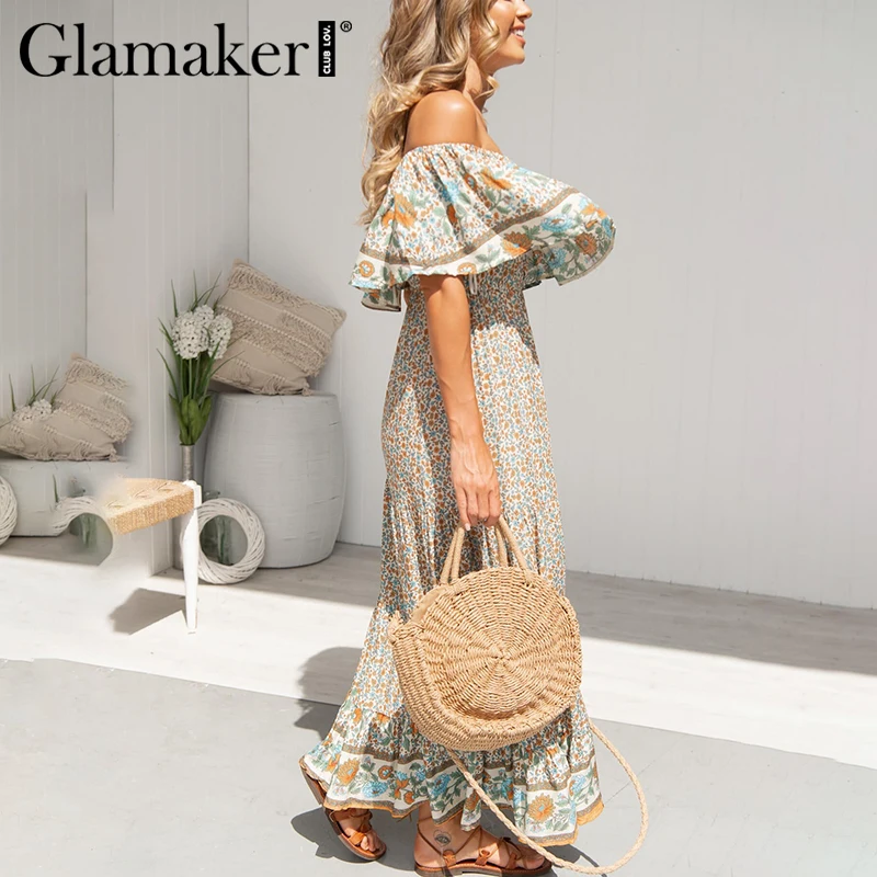 Glamaker Sexy off shoulder boho holiday dress Floral print ruffles high waist loose beach Women spring maxi new | Женская одежда