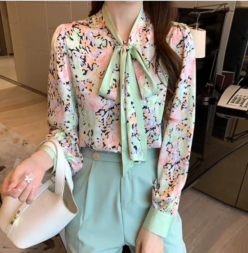 

2021 spring fashion Casual Women Long Sleeve bow neck Floral Print Blouse Shirt Tops Plus Size