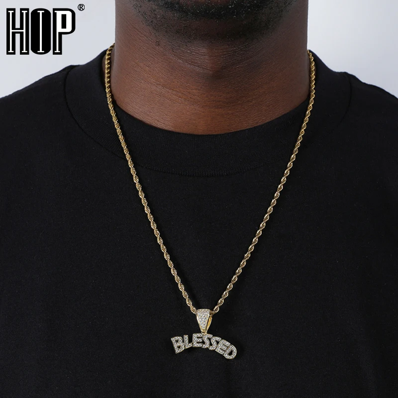 

Bubble Letters BLESSED Pendant Necklace Men Women Hip Hop Gold Color Color Iced Out Cubic Zircon Jewelry Necklace