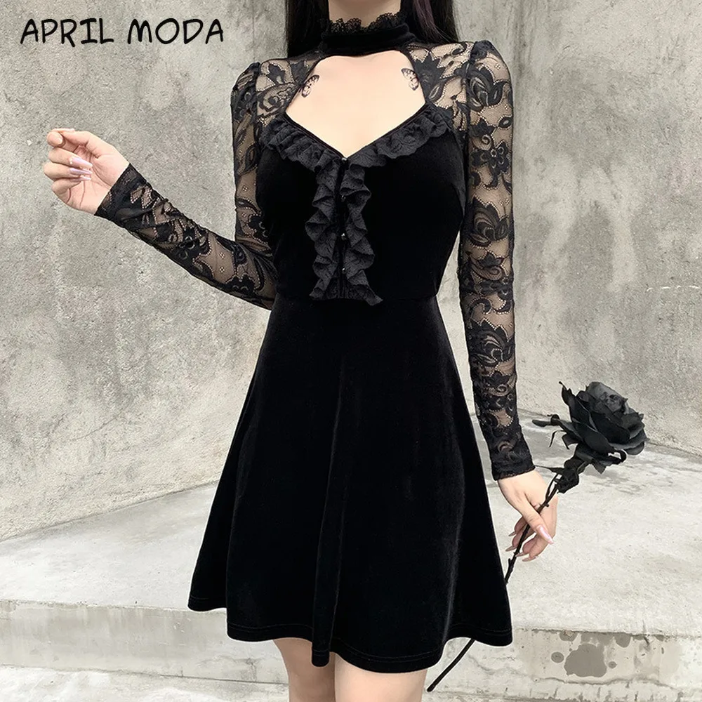 Женское бархатное платье до колен черное винтажное в готическом стиле с высокой