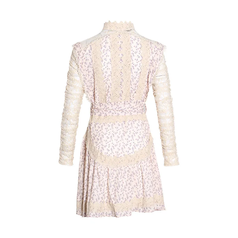 

New chic temperament waist lace waist long sleeve floral lace chiffon dress women