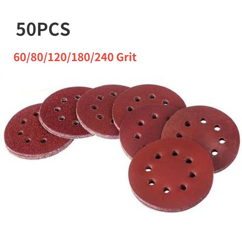 

50PCS 5inch 125mm Round Sandpaper Eight Hole Disk Sand Sheets 60/80/120/180/240 Grit Hook and Loop Sanding Disc Polish