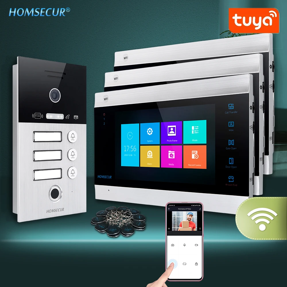 

HOMSECUR 4 Wire Tuya WIFI Video Doorphone Intercom System Waterproof HD Doorbell Camera Fingerprint RFID Access for 3 Apartments