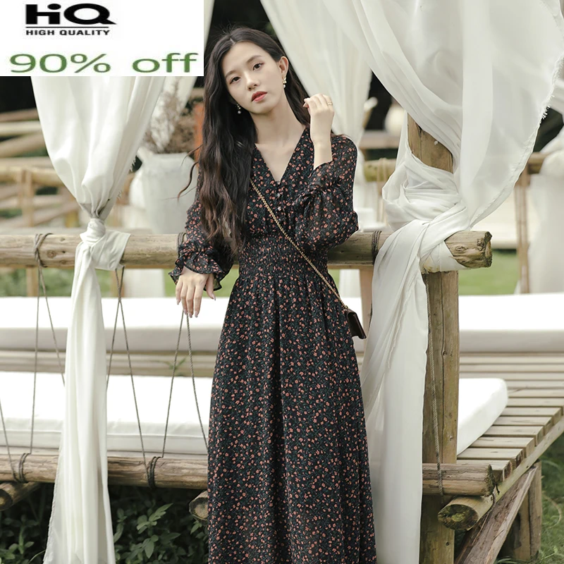 

Женское винтажное длинное платье, корейское Цветочное платье с V-образным вырезом, весна-осень 2022