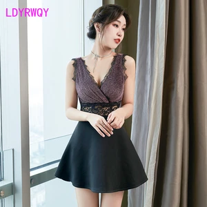 2022 new nightclub womens sexy deep V lace dress Office Lady  Zippers  Knee-Length
