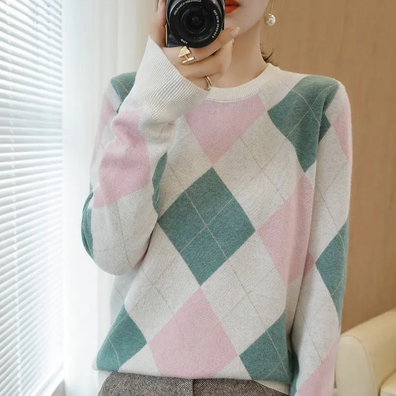 

2021 Cashmere Sweater Women Fall/Winter Round Neck Long Sleeve Color Block Pullover 100%Pure Wool New Thick Knitted Large Size