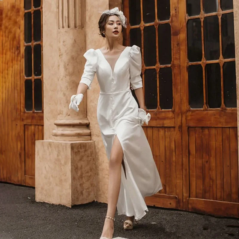 

Special Occasion Dresses Vintage O-Neck Short Pearls Lace A-Line Luxury White Backless Floor-Length Elegant Women Prom Gown E936