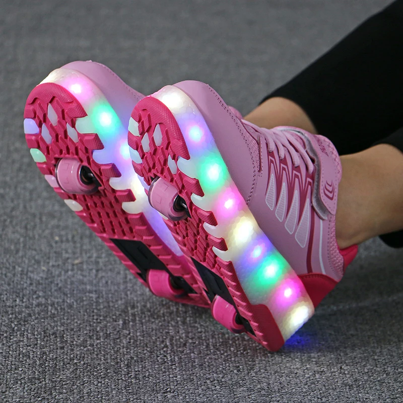 Кроссовки с двумя колесами; Цвет розовый, синий; Зарядка через USB; Светодиодный светильник; Обувь для катания на роликах; Детская обувь; Обувь... от AliExpress WW