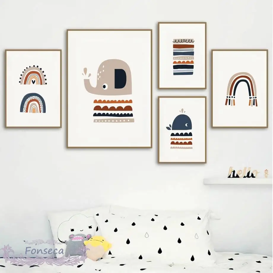 Мультяшные радужные плакаты слона и принты в стиле бохо милая Картина на холсте