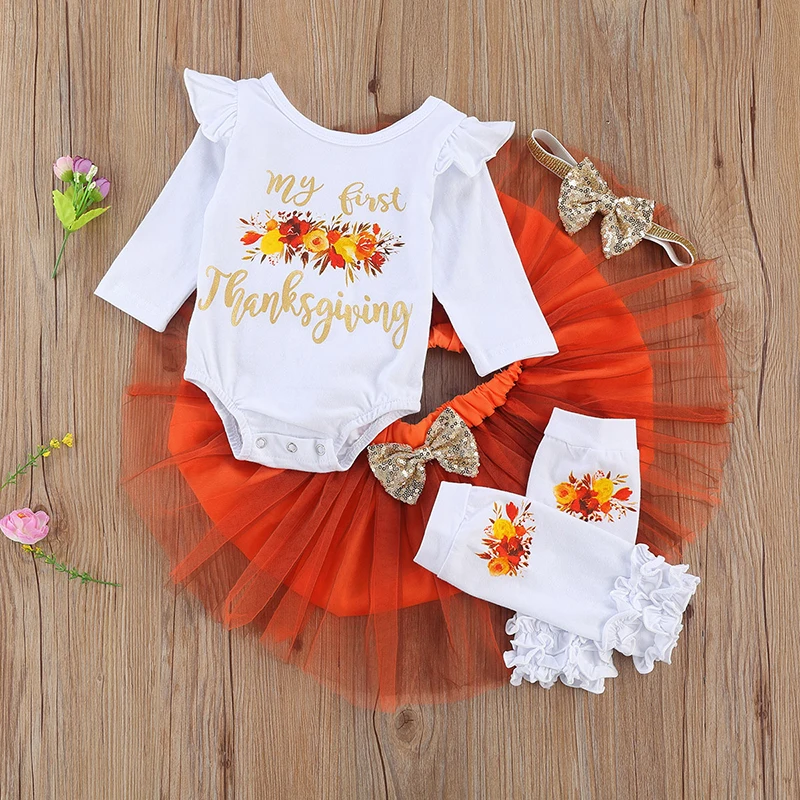 

0-18M Thanksgiving Baby Girl Clothing Set Bodysuit Tops Mesh Skirt Long Sleeve Letter High Waist Bow Leg Warmer Headband Newborn