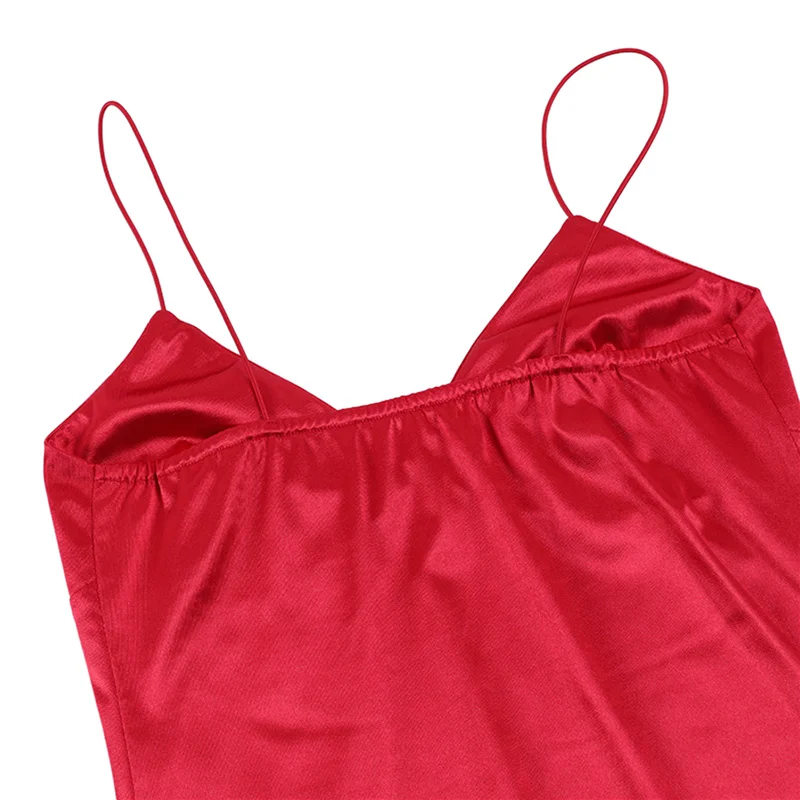 

Female Sexy Satin Split Dress Solid Color V-Neck Spaghetti Strap One-Piece Backless Long Dress for Summer