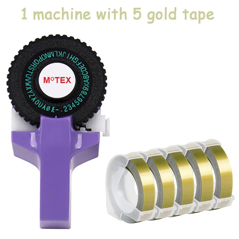 Фиолетовый цвет MoTex E101 принтер мини DIY Ручная Совместимость для dymo 3D тиснение ручная лента ручная машинка надпись машина - Цвет: machine with 5 gold