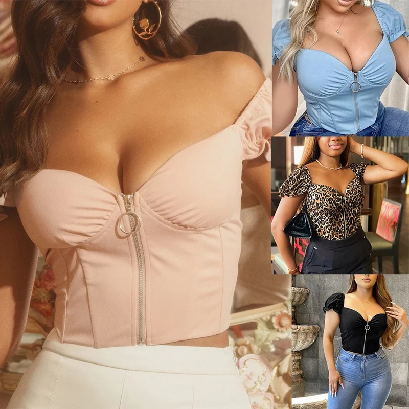 

Women's Fashion Sexy Square Neck Zipper Puff Sleeve Short Sleeve Tops