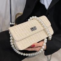 woven square crossbody bag 2021 summer new high quality straw womens designer handbag pearl strap shoulder messenger bag