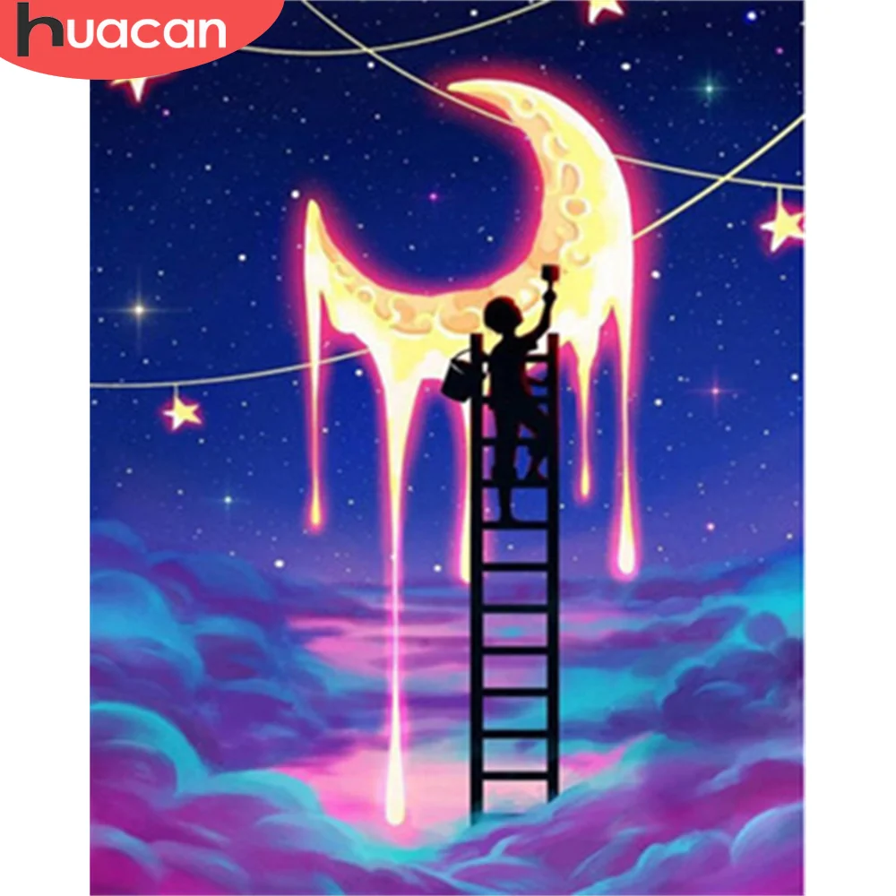 

HUACAN DIY Frame Starry Oil Painting By Numbers Moon Landscape On Canvas Unique Gift Wall Art Picture By Numbers For Living Room
