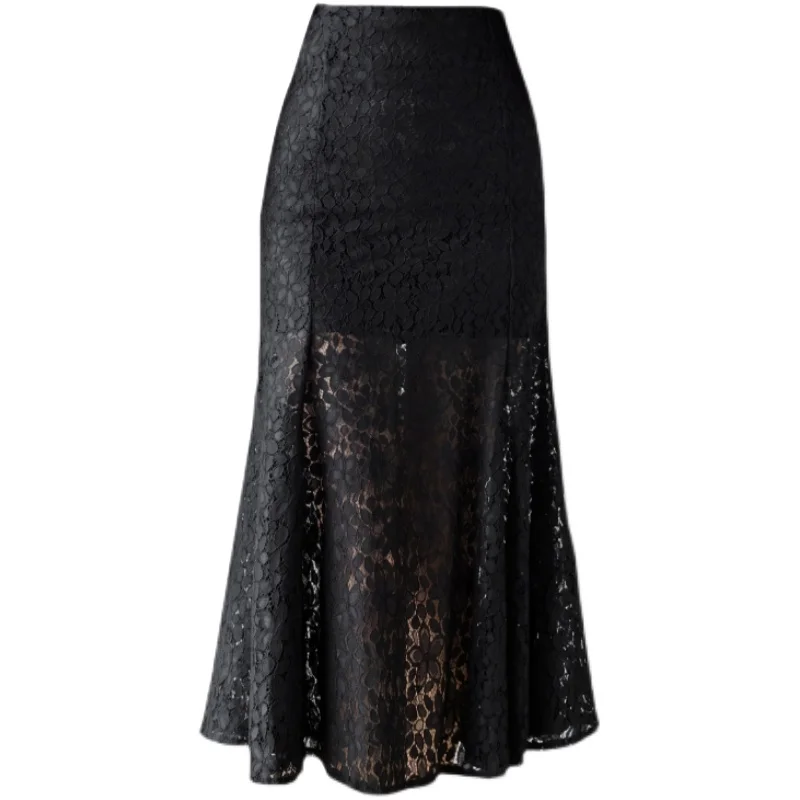 

High Waist Skirt Sexy Black White Lace Summer New Medium Long Bodycon Skirt Fashion Elegant Slim Wrap Midi Skirts Women