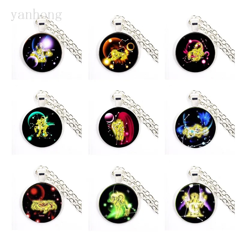 

Popular jewelry 12 star sitting Necklace glass garden top Bronze Metal Necklace Pendant for men and women
