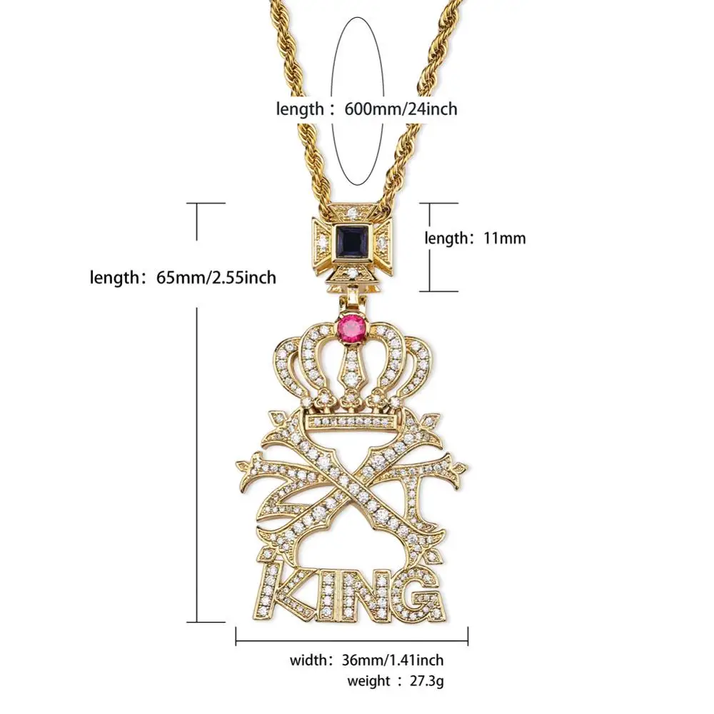 

JINAO New AAA Crown Letter KING Pendant &Necklace Micro Paved CZ Stone With Gold Chain Hip Hop Charm Jewelry Gifts For Lovers