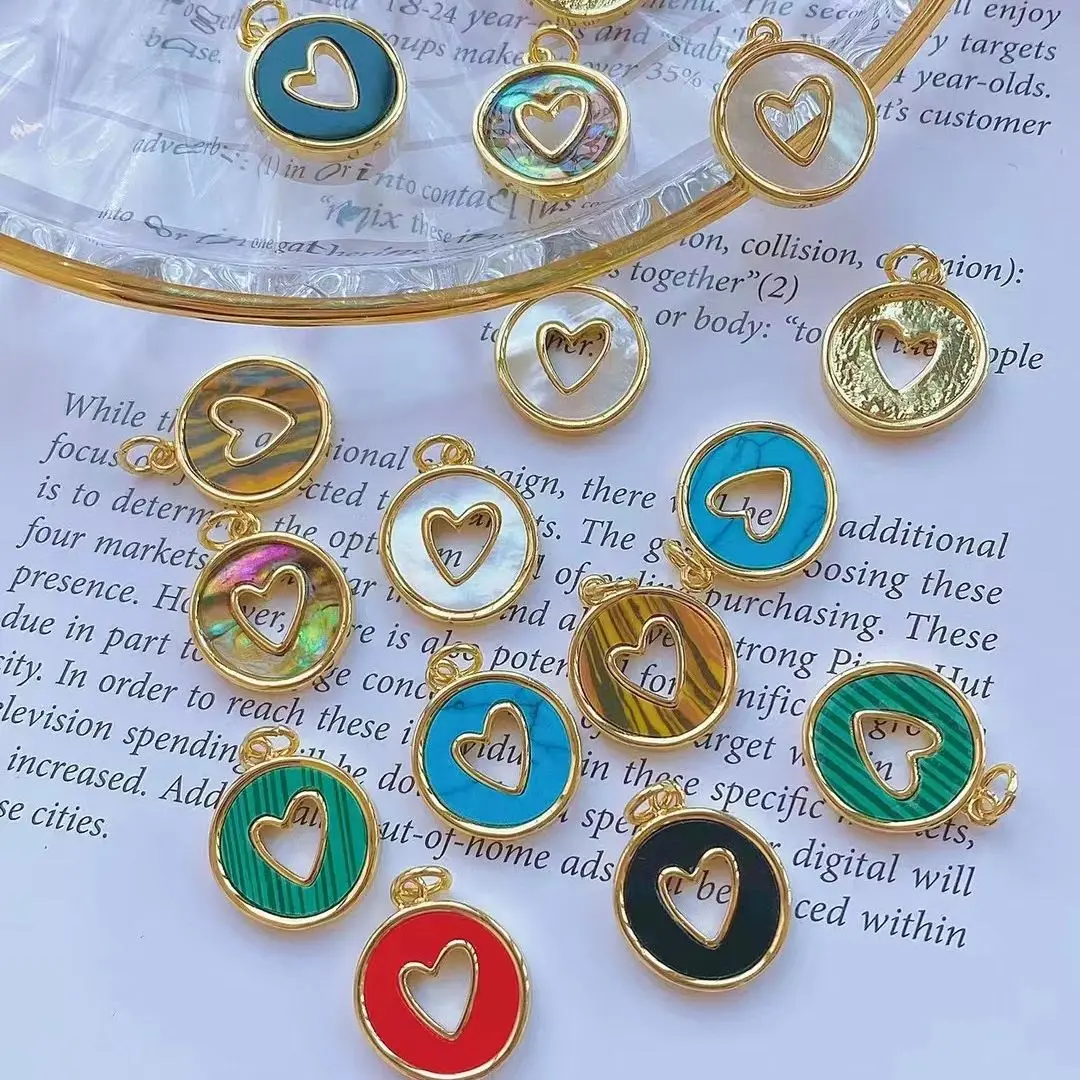 

6Pcs Simple Design Gold Plated Stone Heart Pendant, Nature Shell Heart in Round Charm For DIY Jewelry Making Supply