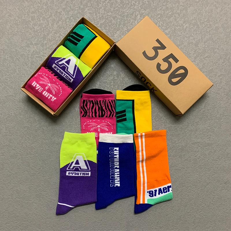 3 Pairs/Box Original Letter Stockings Cotton Harajuku Color Hip Hop Japanese Sport Men Women Long Socks Fashion Gifts Streetwear