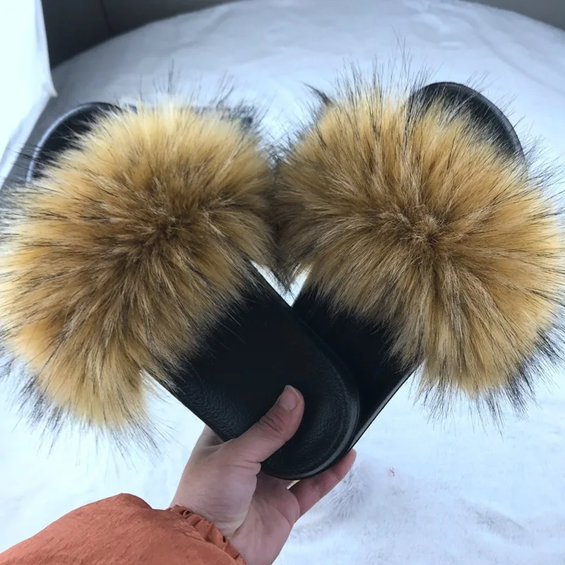 

Luxury Designer Women Slippers Fox Faux Fur Raccoon Furry Comfy Flats Home Slides Cute Fluffy House Shoes Sexy Fashion Whosale