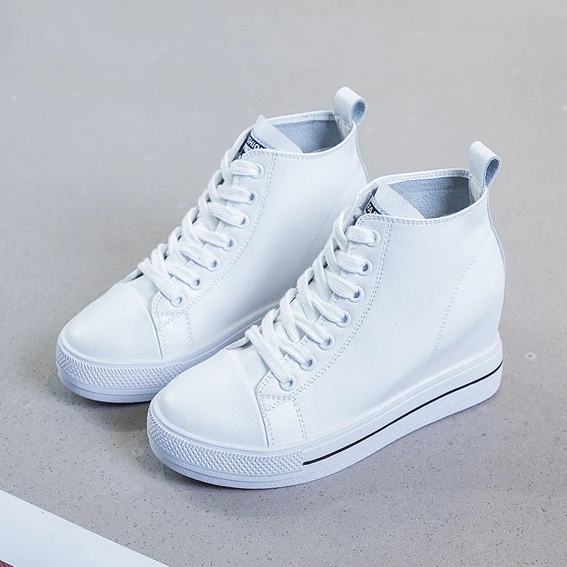 High Top Wedge Sneakers Real Leather Casual Shoes Lace Up Heels Casuales Black White Sneakers High Fashion Sport Shoes Pumps