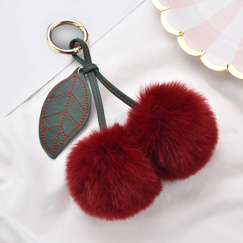 

Cute Fashion Fluffy Artificial Rabbit Fur Ball Pompom Leaf Keychain Cherry Key Chain Handbag Pendant Car Key Chain Ring