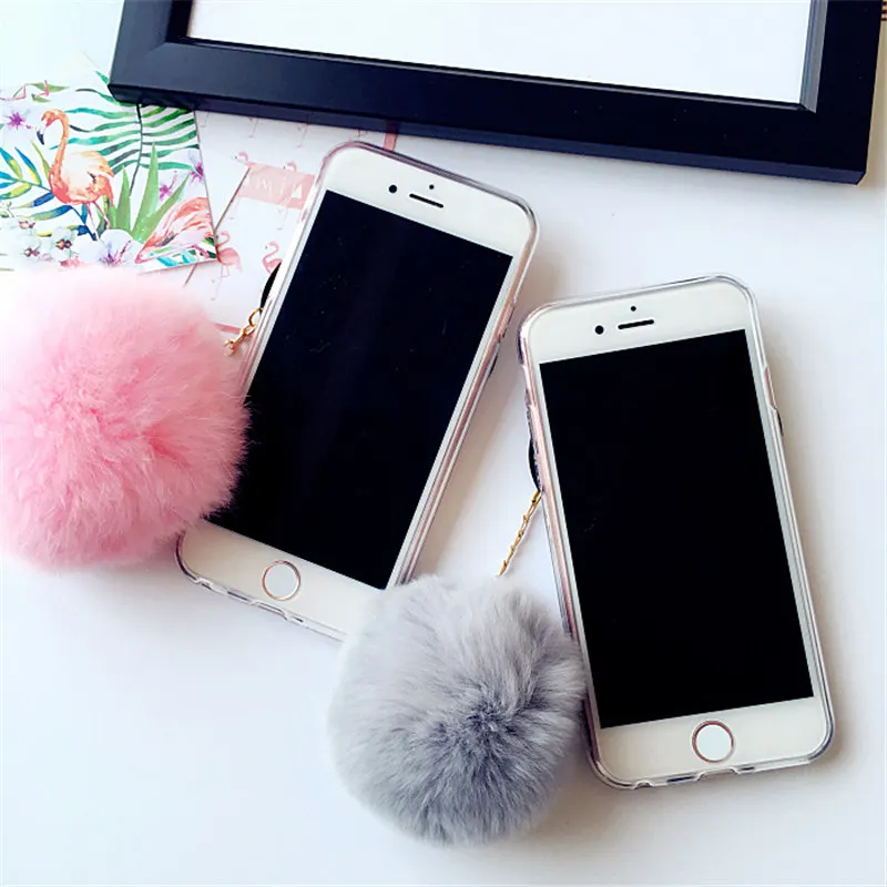 Для iPhone 6 6S 7 8 Plus X XR XS Max 11 Pro Bling Big Eyes миленький плюшевый кролик помпон меховой шар