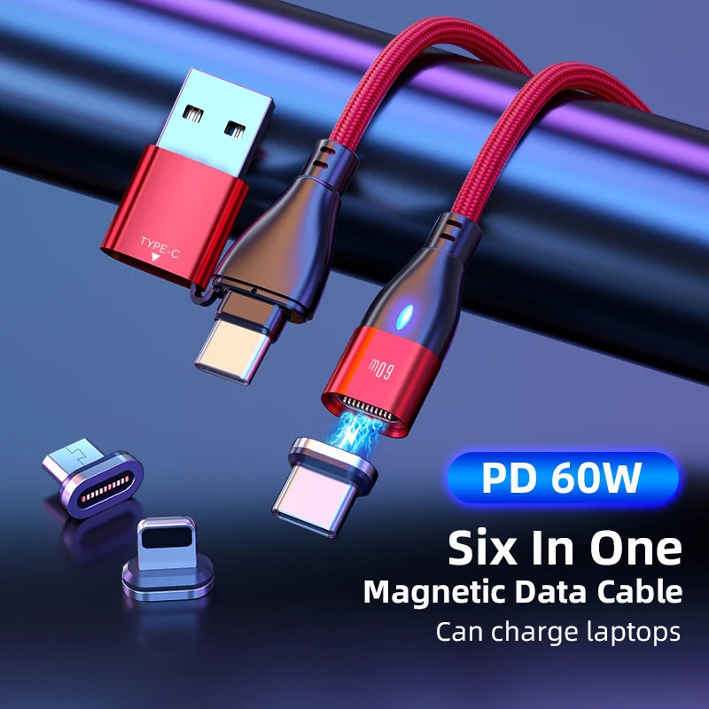

PD 60 Вт Магнитный USB-кабель 6 в 1 Тип C к C кабель PD 60 Вт Быстрая зарядка USB-шнур для iPhone Samsung Galaxy S20 для Xiaomi Macbook