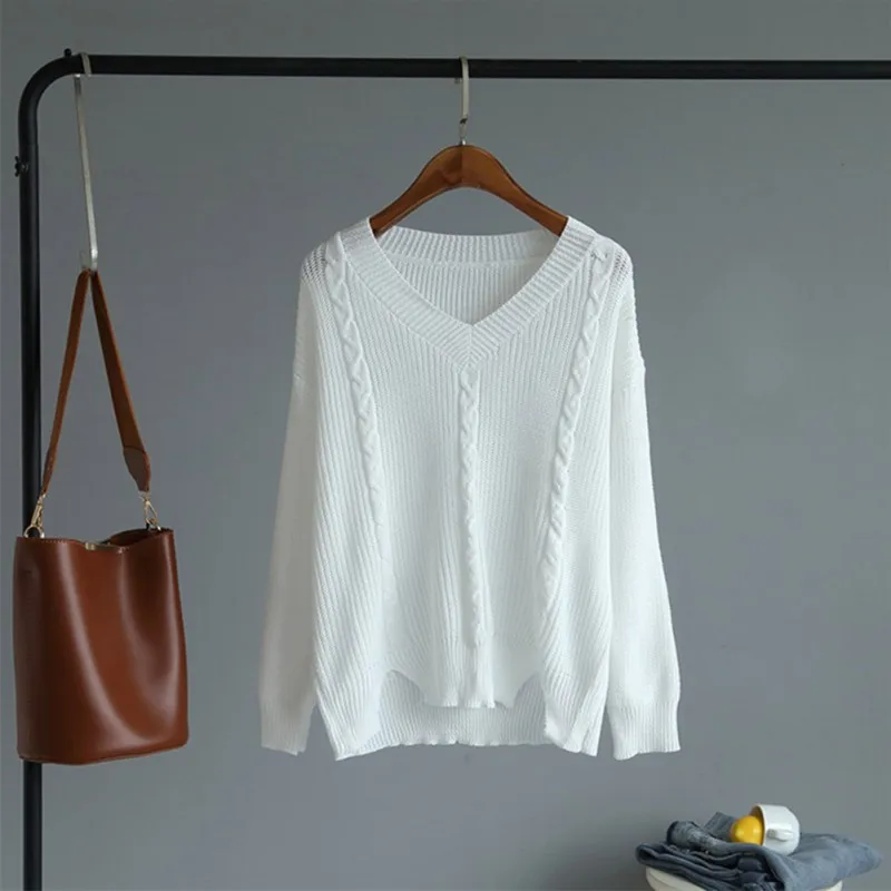 

Casual Women Loose Sweaters Long Sleeve Pullover Solid Tops V-neck Knit Sweater Fashion Femme Clothing