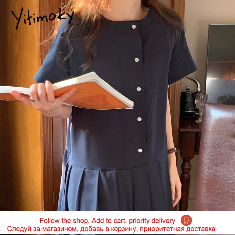 

Yitimoky Simple Women Dresses O-Neck Short Sleeve Single Breasted 2021 Summer Korean Loose Casual Solid Pleated Long Dress