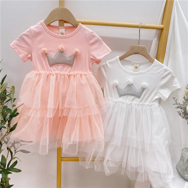 

Новинка лета 2021, детские платья, корейское Сетчатое платье для девочек, комбинированное платье, многослойное платье принцессы с короной для...