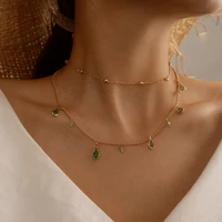 docona bohemian green water drop crystal pendant necklace for women double layer gold metal chain choker jewelry party gift
