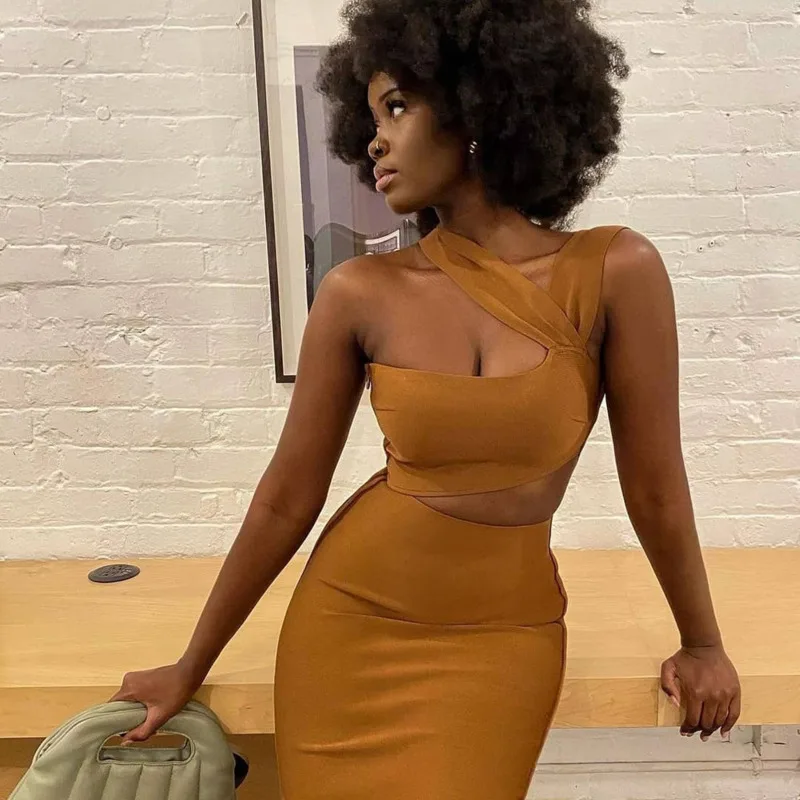 

One Shoulder Bandage Party Dress For Women 2021 Hollow Out Irregular Mid-calf Dresses Chest Wrapped Long Skirt Slim