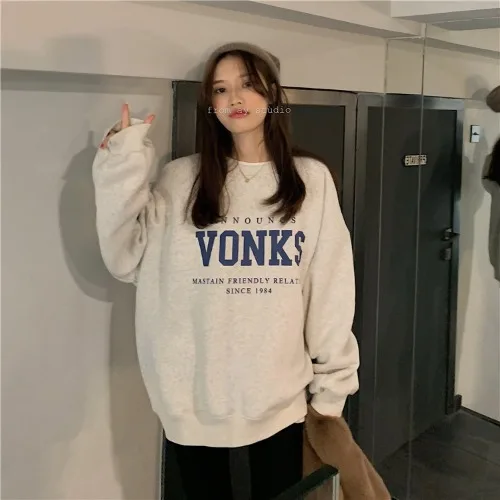 

Autumn and Winter 2020 Chic Korean Version Simple Hong Kong Style Loose Slouchy Round Neck Thickened Long Sleeve Sweater