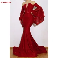 long party evening dresses mermaid lace sequin off shoulder burgundy long trumpet sleeve v neck womens prom gown gala dress
