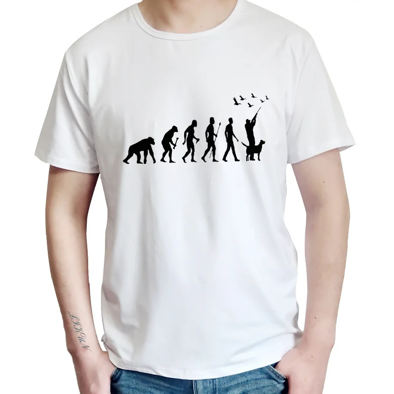 Лето Забавный Охота Эволюция Охотник с собакой футболка уткой для мужчин на