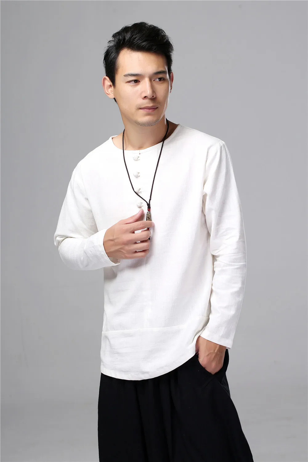 

21 year new national style men's solid linen round neck T-shirt cloth button long sleeve shirt