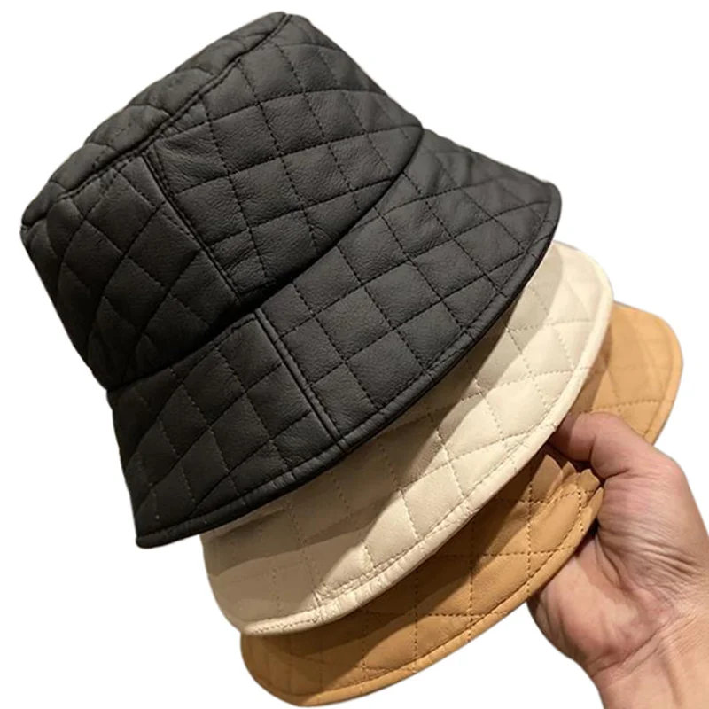 New Winter Warm Adult Women Casual PU Leather Plaid Print Bucket Hat Floppy Panama Cap Gorros Fishing Sun Hat Fisherman Hats